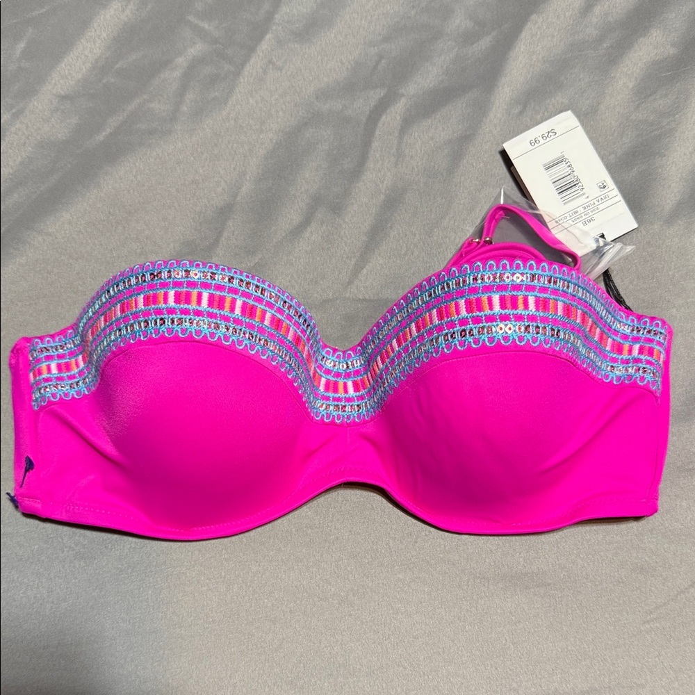 Pink Lace Trim Strapless Bra